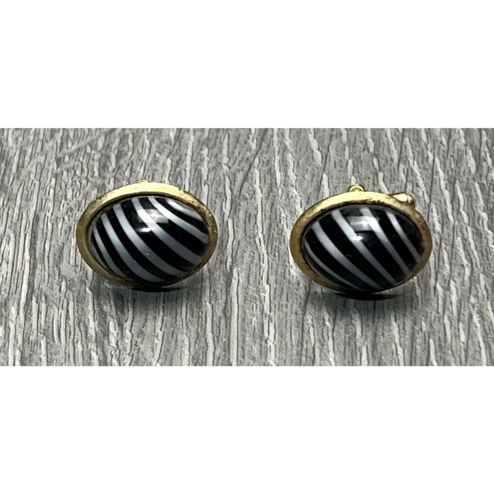 Black White Stripe‎ Oval Cufflinks Mens Gold Tone Domed Cabochon Classic